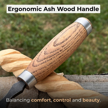 Long Bent Curved Gouge woodworking tool with ash wood handle and carbon steel blade