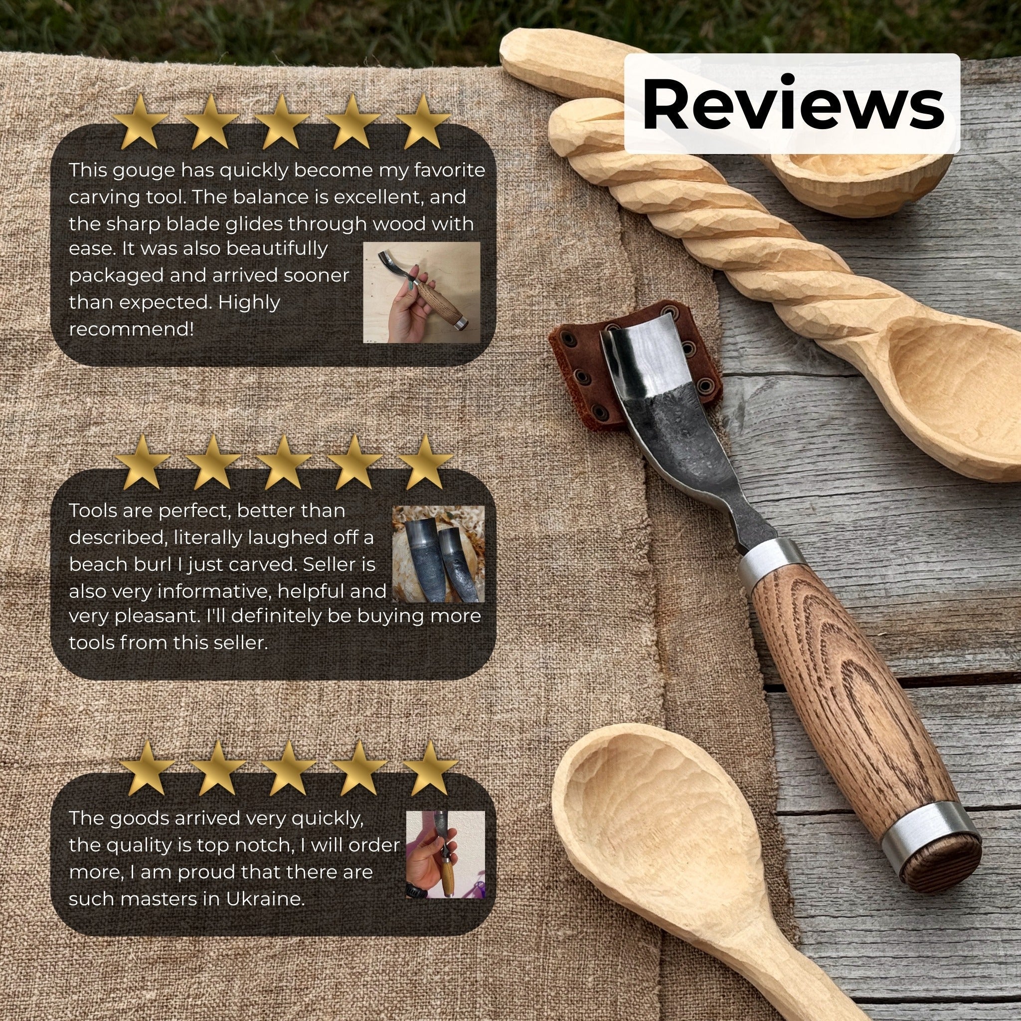 Long Bent Curved Gouge woodworking tool with ash wood handle and carbon steel blade