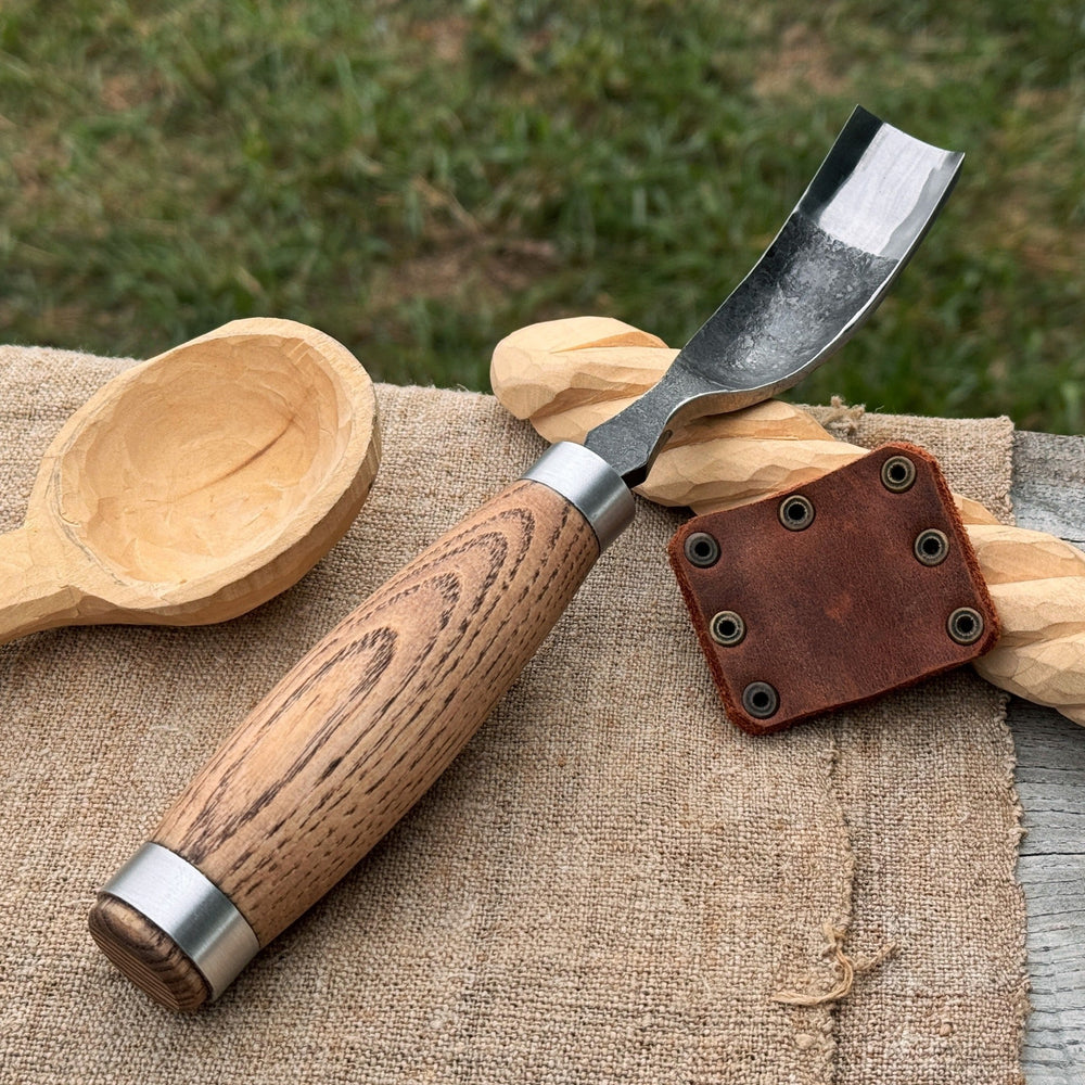 Long Bent Curved Gouge woodworking tool with ash wood handle and carbon steel blade