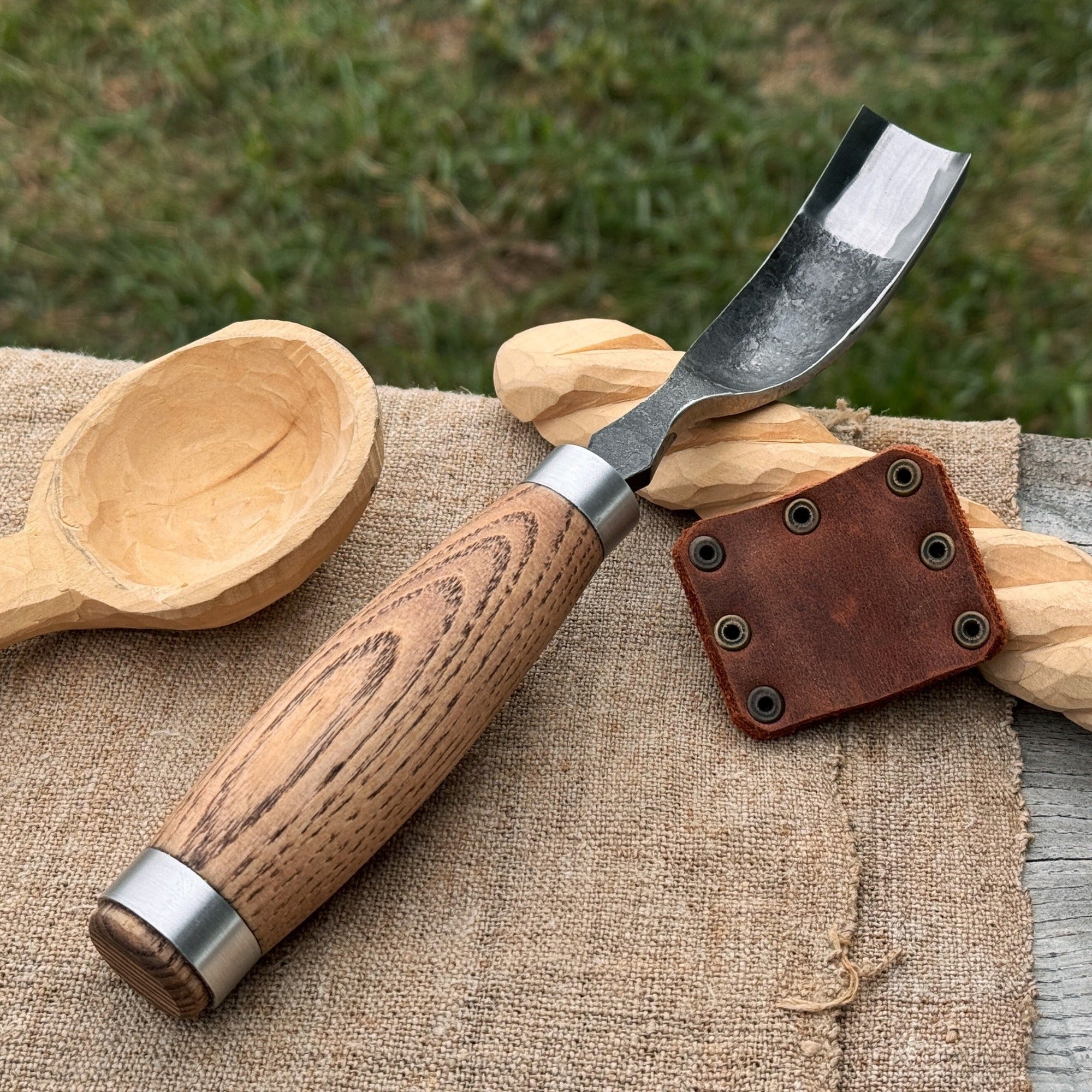 Long Bent Curved Gouge woodworking tool with ash wood handle and carbon steel blade