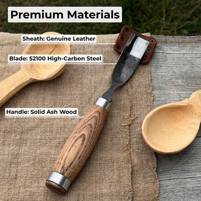 Long Bent Curved Gouge woodworking tool with ash wood handle and carbon steel blade