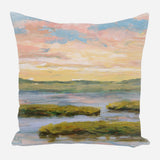 Square pillow featuring a painted landscape of marshy green islands with a calm blue water and a pastel sky blending pink, orange, and blue hues.
