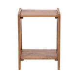 Minimalist wooden side table with two rectangular shelves and vertical supports at each corner in warm brown finish, shown front-facing on white background.