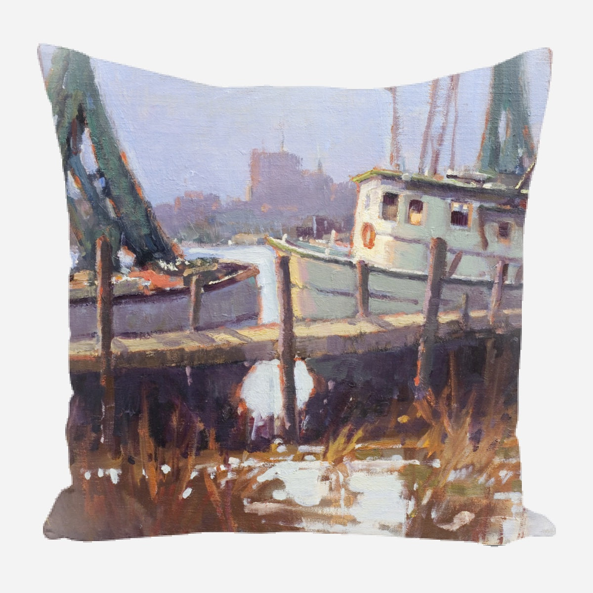 Pillow featuring an impressionistic painting of a dock with boats, soft muted blues and greens, brown wooden pilings, and reflections on water below.