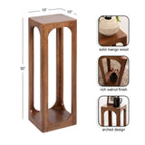 Tall narrow wooden side table with a rich walnut finish, 30 inches high and 10 by 10 inches wide, featuring an arched open design and solid mango wood construction.