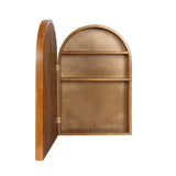 Open wooden arch-shaped cabinet with two shelves and warm brown finish, shown from the side with visible brass hinges.