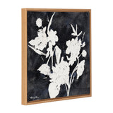 Framed canvas artwork featuring white floral silhouettes against a textured deep navy blue background with a light wooden frame.