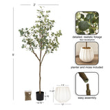 Six-foot tall faux eucalyptus tree with green leaves in a 12-inch white pot, shown with assembly parts and realistic foliage close-up.