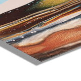 Close-up of Sonoran Desert Floating Acrylic Art with horizontal layers in earthy tones, textured orange-brown cracked pattern, and streaks of white, blue, and green.