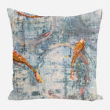 Square pillow with an abstract painting of three orange koi fish swimming over blue-gray textured water with circular patterns, blending brushstrokes and muted tones.
