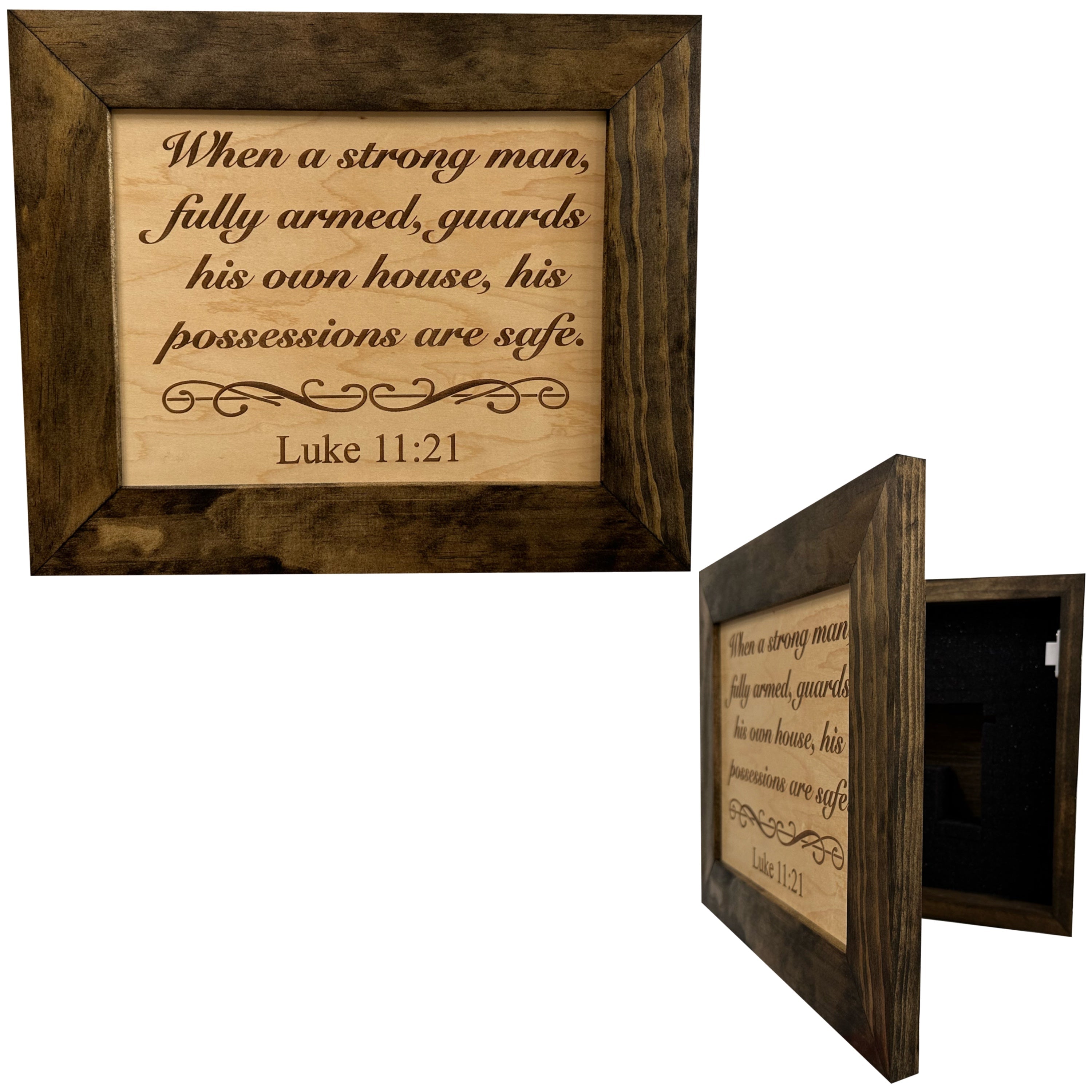 Hidden Gun Safe Recessed In Wall With Luke 11:21 Bible Verse Decoration by Bellewood Designs - main product image for Resin Society