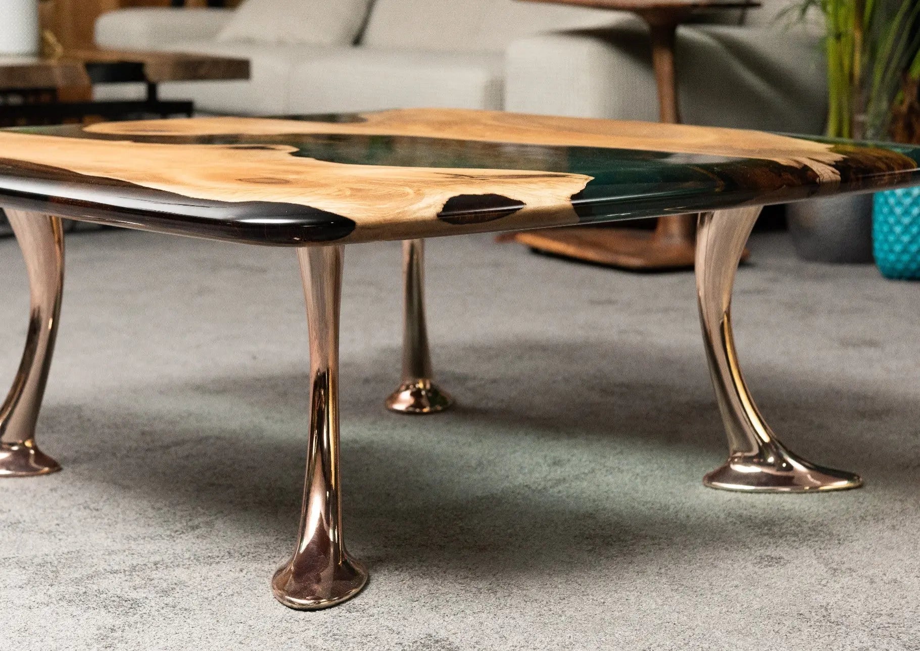 Luxury Epoxy Resin River Walnut Coffee Table with aluminum cast legs from the Osso Collection
