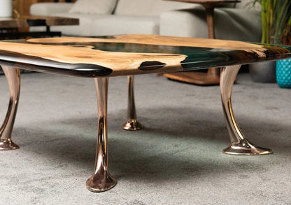 Luxury Epoxy Resin River Walnut Coffee Table with aluminum cast legs from the Osso Collection