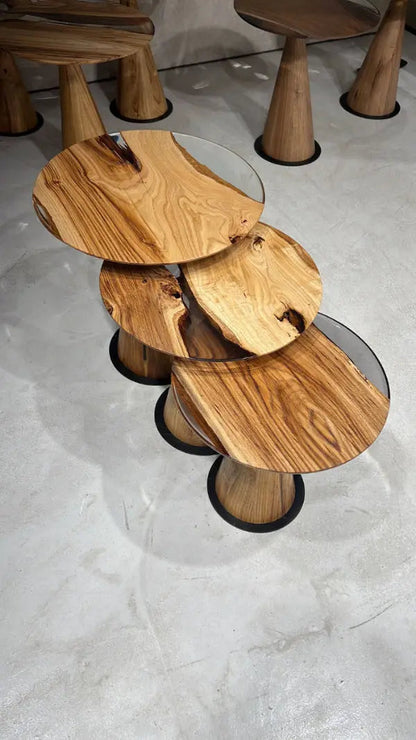 Set of three Resin Nesting Tables with zigzag epoxy and wood design in walnut and chestnut finishes