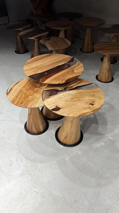 Set of three Resin Nesting Tables with zigzag epoxy and wood design in walnut and chestnut finishes