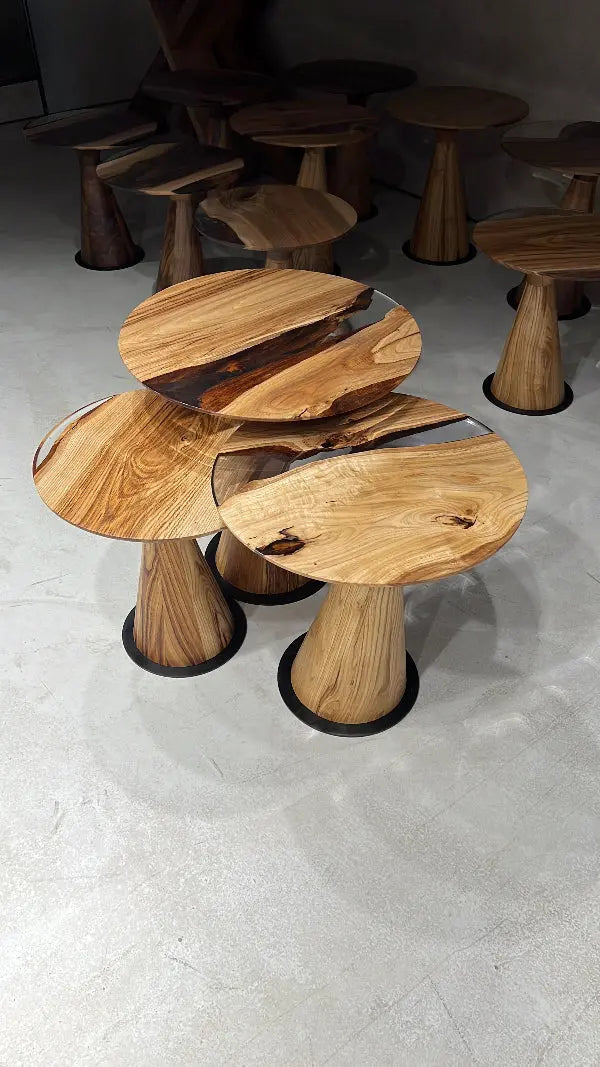Set of three Resin Nesting Tables with zigzag epoxy and wood design in walnut and chestnut finishes