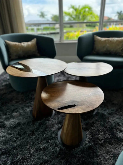 Set of three Resin Nesting Tables with zigzag epoxy and wood design in walnut and chestnut finishes