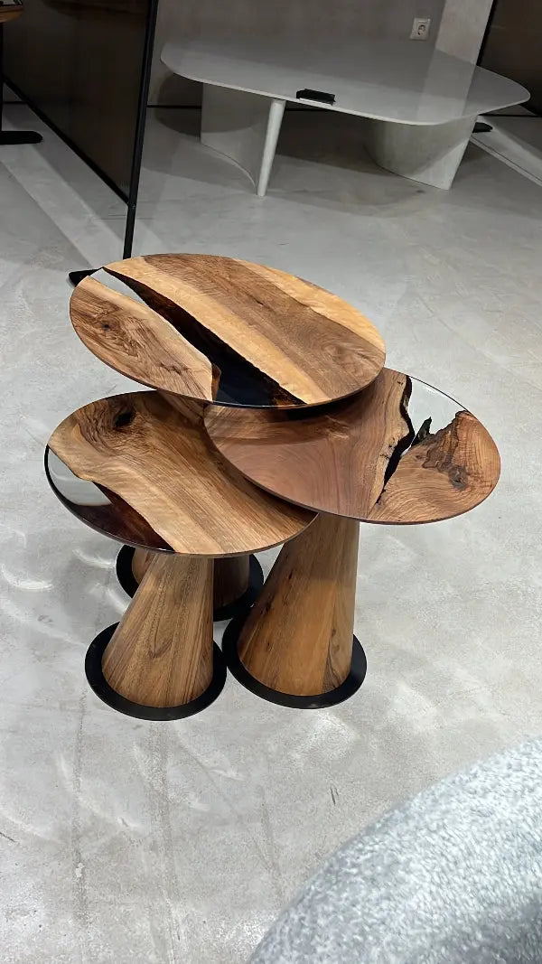 Set of three Resin Nesting Tables with zigzag epoxy and wood design in walnut and chestnut finishes