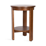 Round wooden side table with three straight legs and a lower circular shelf in a warm brown finish.