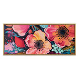 Framed canvas featuring large pink and orange flowers with bold black centers, accented by blue-green berries and leaves on a dark background.