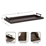 Rectangular metal tray with bronze finish, raised edges, and two tubular handles, measuring 24 by 10 inches with 2.5-inch height, shown from a slight angled side view.