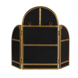 Back view of an arched tri-fold metal mirror with a gold frame and black backing, featuring two hinges and hanging hardware on each panel.