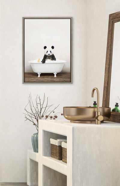 Sylvie Panda Waving in Rustic Bath Framed Canvas