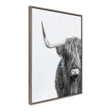 Framed black-and-white portrait of a Highland cow featuring a prominent horn and shaggy fur covering one eye against a white background.