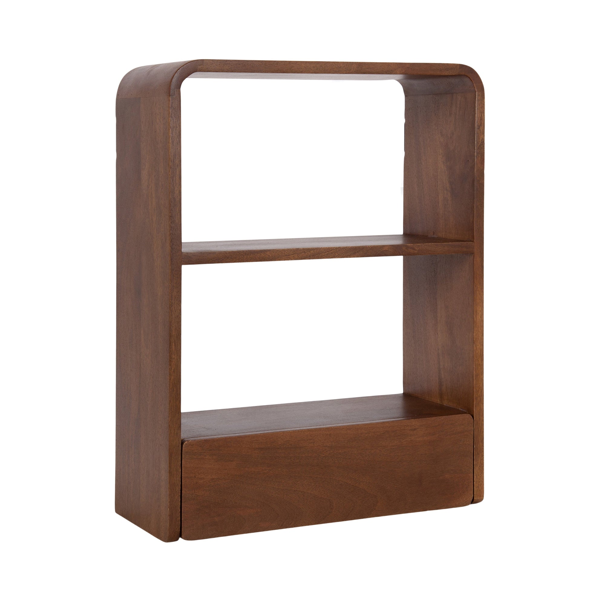 Kato Wall Shelf with Drawer in Walnut Brown, showing mango wood grain and concealed drawer