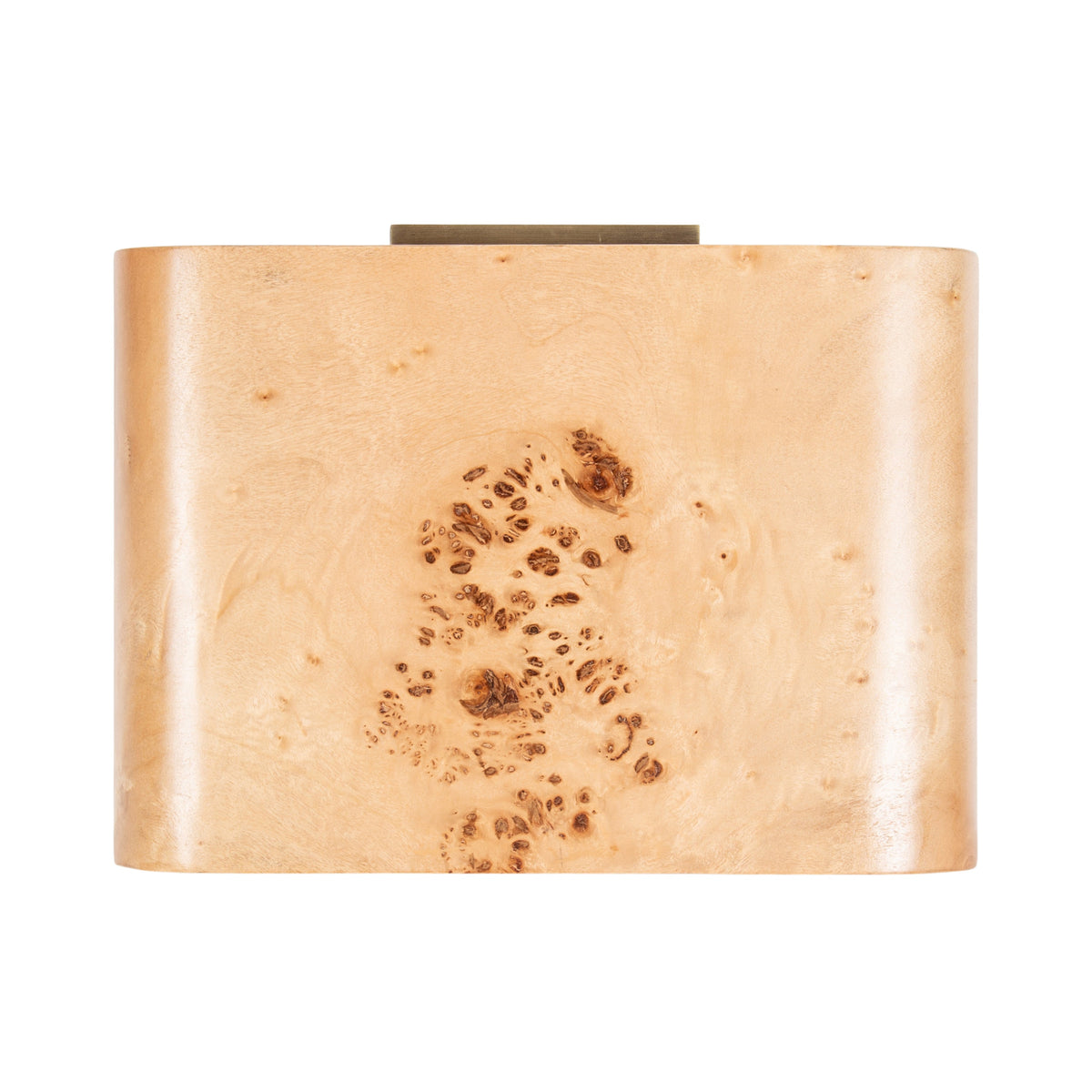 Rectangular light brown burl wood box with rounded edges and visible natural knots, topped with a small flat metallic clasp at center back