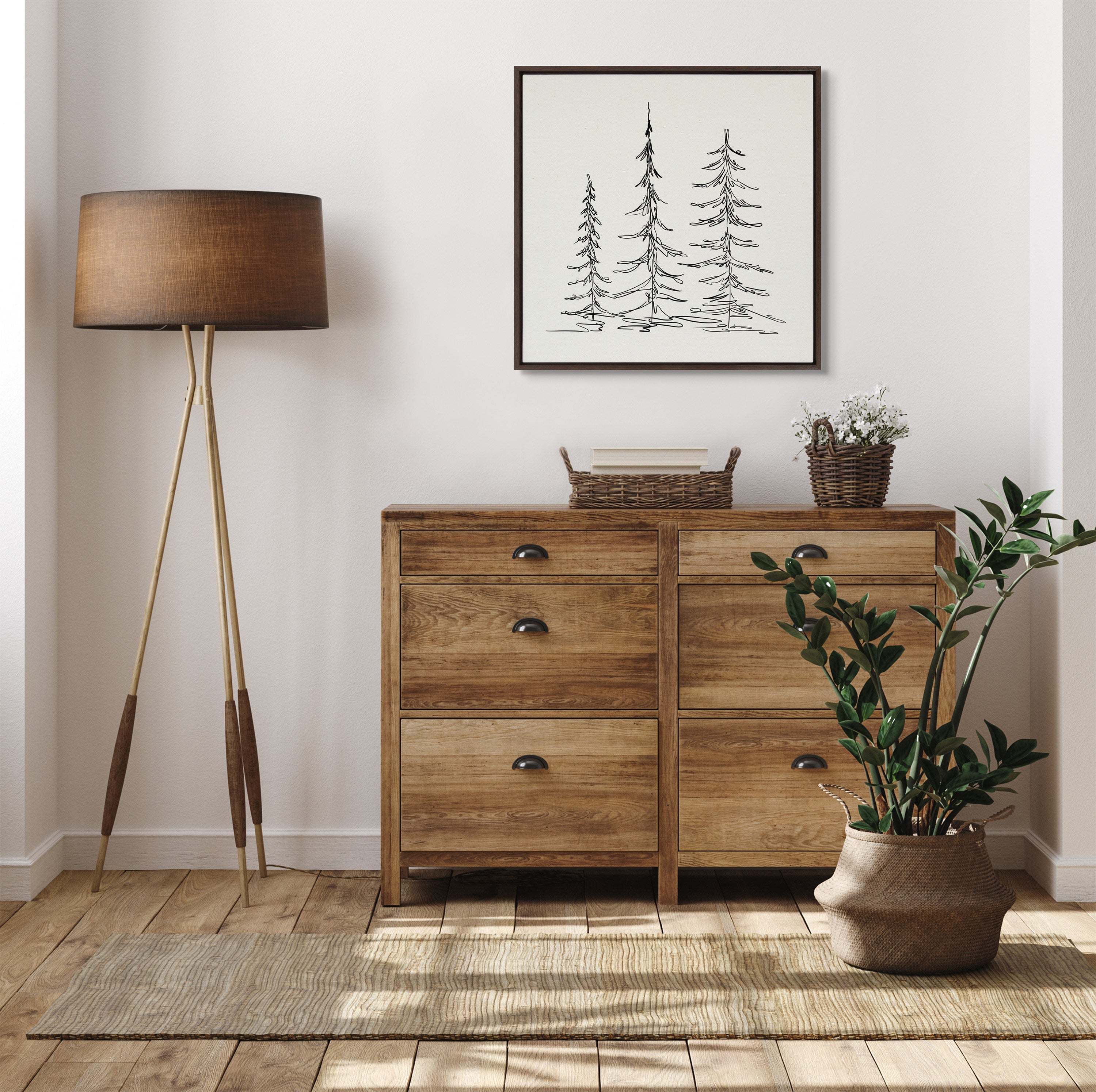 Sylvie Minimalist Evergreen Trees Sketch Framed Canvas