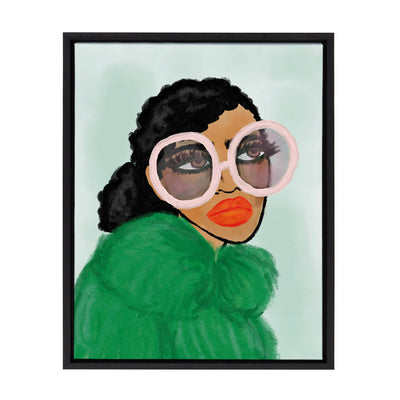Sylvie Green Coat framed canvas art showing a female portrait with green coat, displayed on a wall