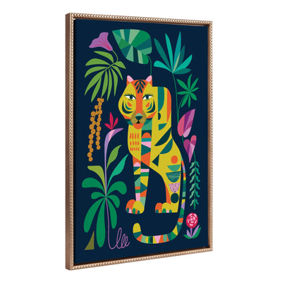 Sylvie Beaded Tiger in the Forest framed canvas showing colorful mid-century-inspired tiger illustration with vintage beaded gold frame