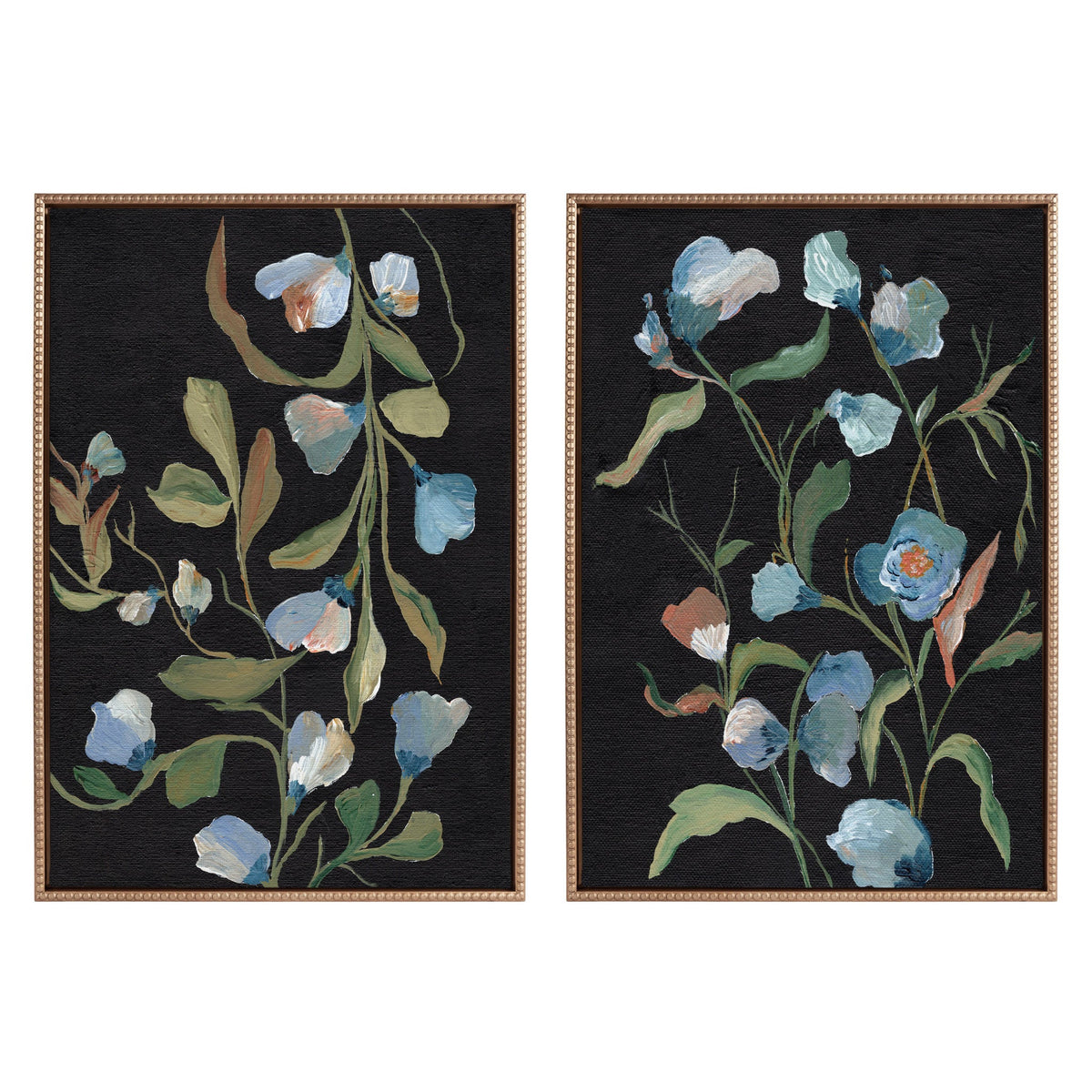 Sylvie Foliage I and Foliage III framed canvas art set with vintage beaded gold frames
