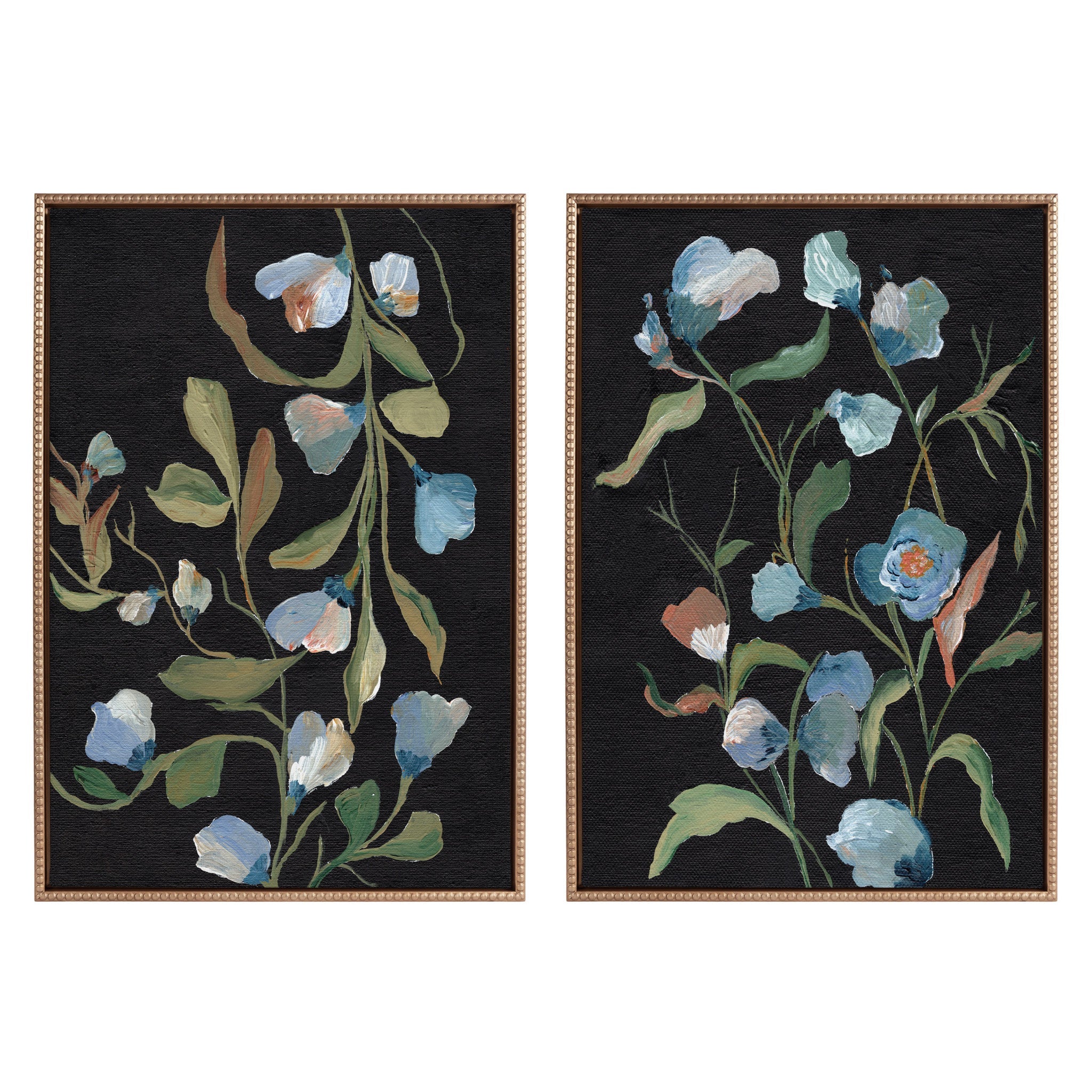 Sylvie Foliage I and Foliage III framed canvas art set with vintage beaded gold frames