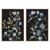 Two framed canvas paintings featuring delicate blue and green foliage with soft pink accents on a deep black background, arranged vertically side by side.