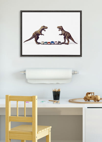 Sylvie Dino Cars Faceoff Framed Canvas by Saint and Sailor Studios