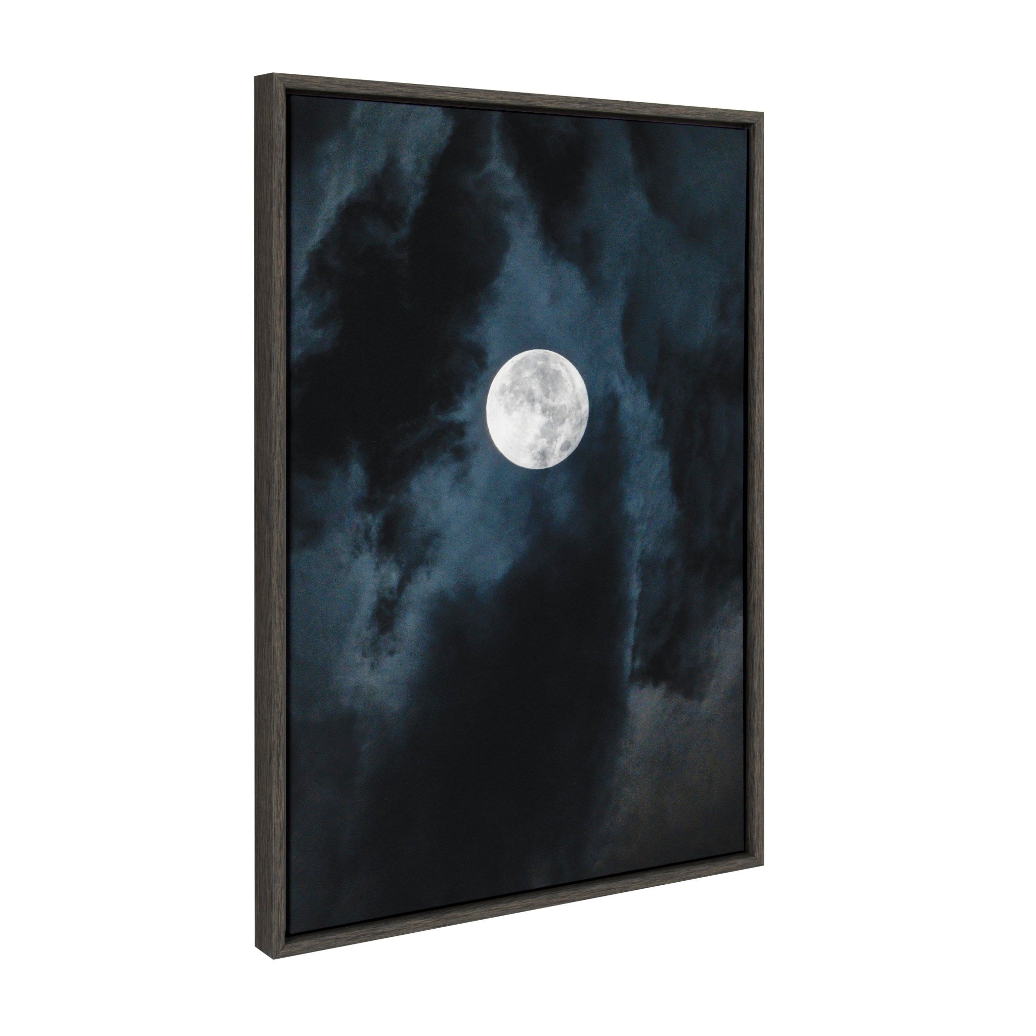 Sylvie Driftless Moon framed canvas art by Pete Olsen featuring shades of midnight blue in a modern dark gray frame.