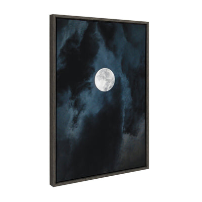 Sylvie Driftless Moon framed canvas art by Pete Olsen featuring shades of midnight blue in a modern dark gray frame.