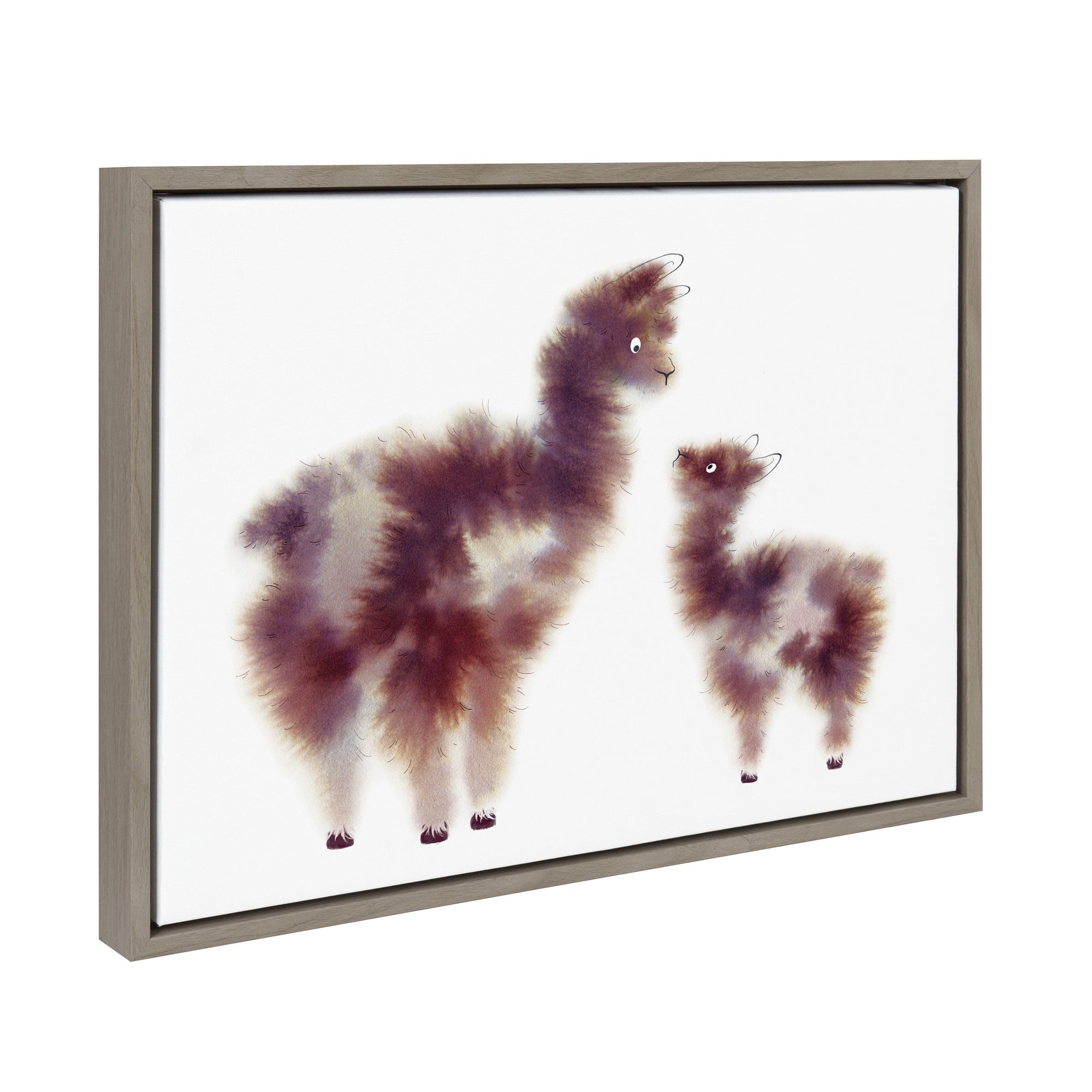 Sylvie Alpaca Floofs framed canvas art by Faryn Hughes showing modern illustration of alpacas on gallery-wrapped canvas with gray frame