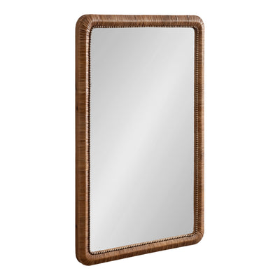Rahfy Beaded Rectangle Framed Mirror with natural textured rattan rounded rectangle frame hanging on wall