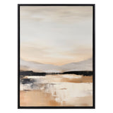 Abstract landscape painting with soft beige, cream, and black tones blending into panoramic horizon under a pale sky, framed in thin black border.