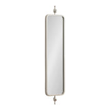 Tall, narrow rectangular mirror with rounded corners in a silver metal frame, featuring decorative round finials at the top and bottom, shown against a white background.