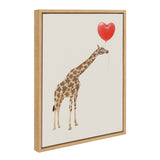 Sylvie Giraffe in Love framed canvas art showing a giraffe with a heart-shaped balloon in a white frame