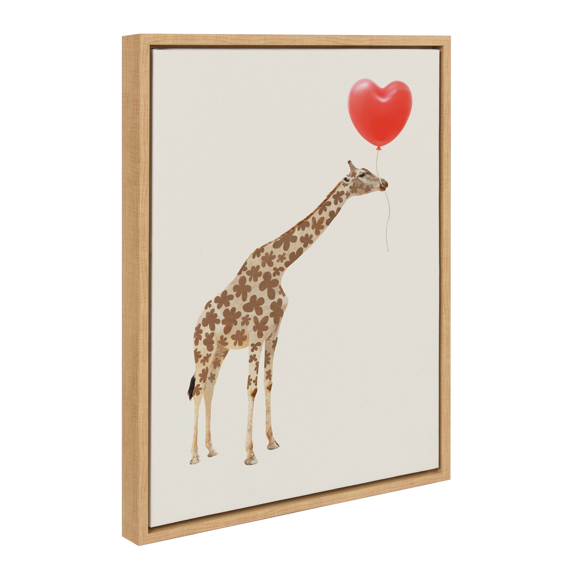 Sylvie Giraffe in Love framed canvas art showing a giraffe with a heart-shaped balloon in a white frame