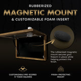 Open wall-mounted wooden pistol display case with a black rubberized magnetic mount inside and an inset detail showing a round black foam mount piece.