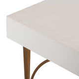 Close-up of a white rectangular surface with rounded edges supported by tapered wooden legs accented with a curved wooden brace underneath.