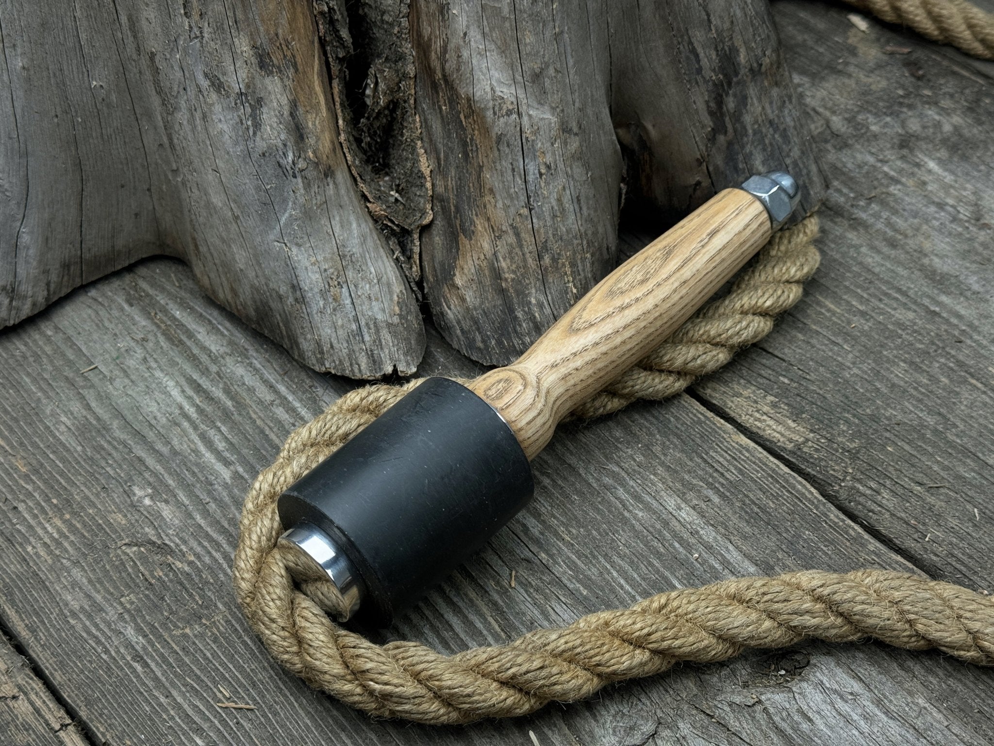 Handcrafted mallet with nylon head and ash wood handle by Sharky Forged Steel Tools