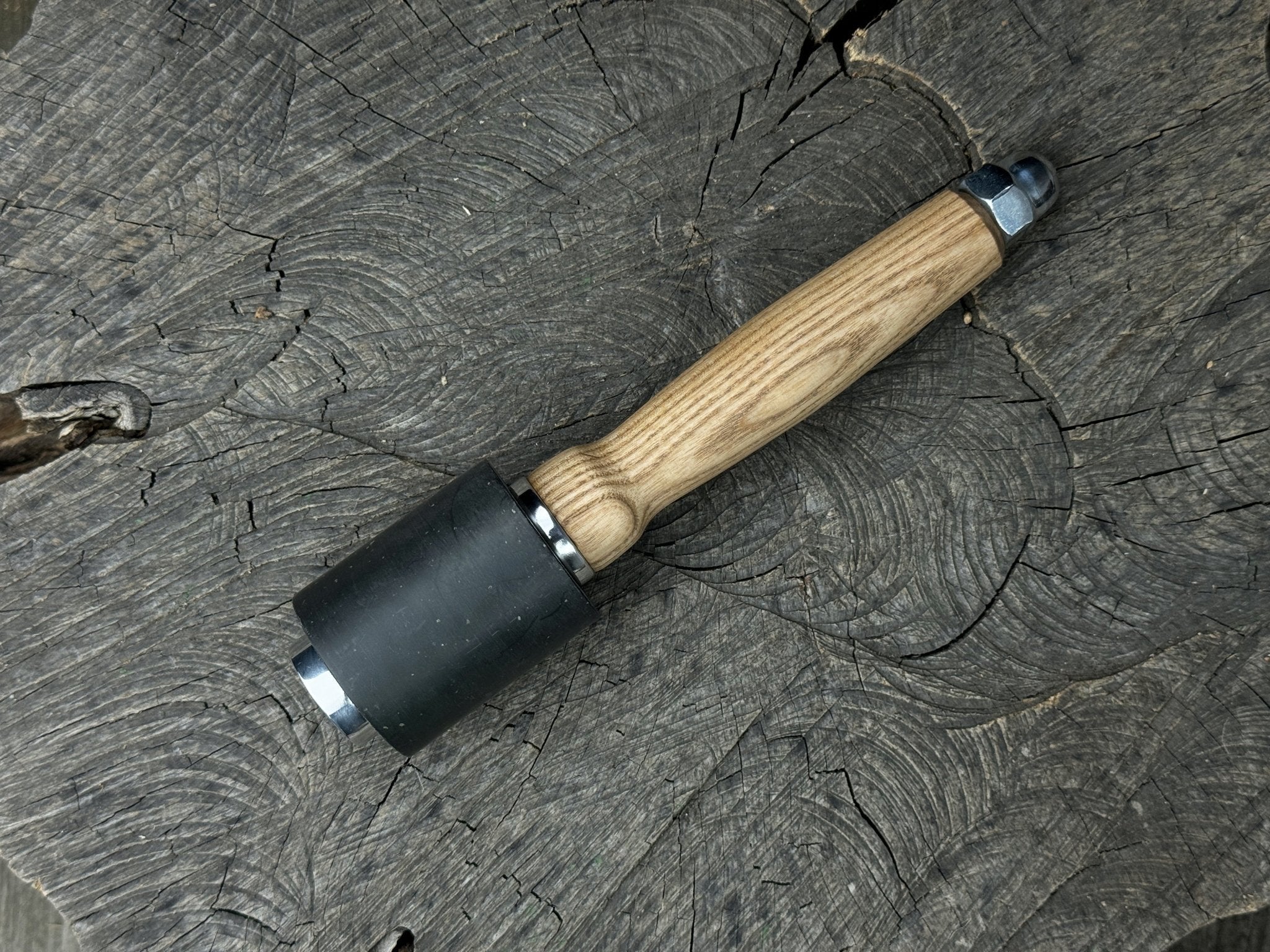 Handcrafted mallet with nylon head and ash wood handle by Sharky Forged Steel Tools