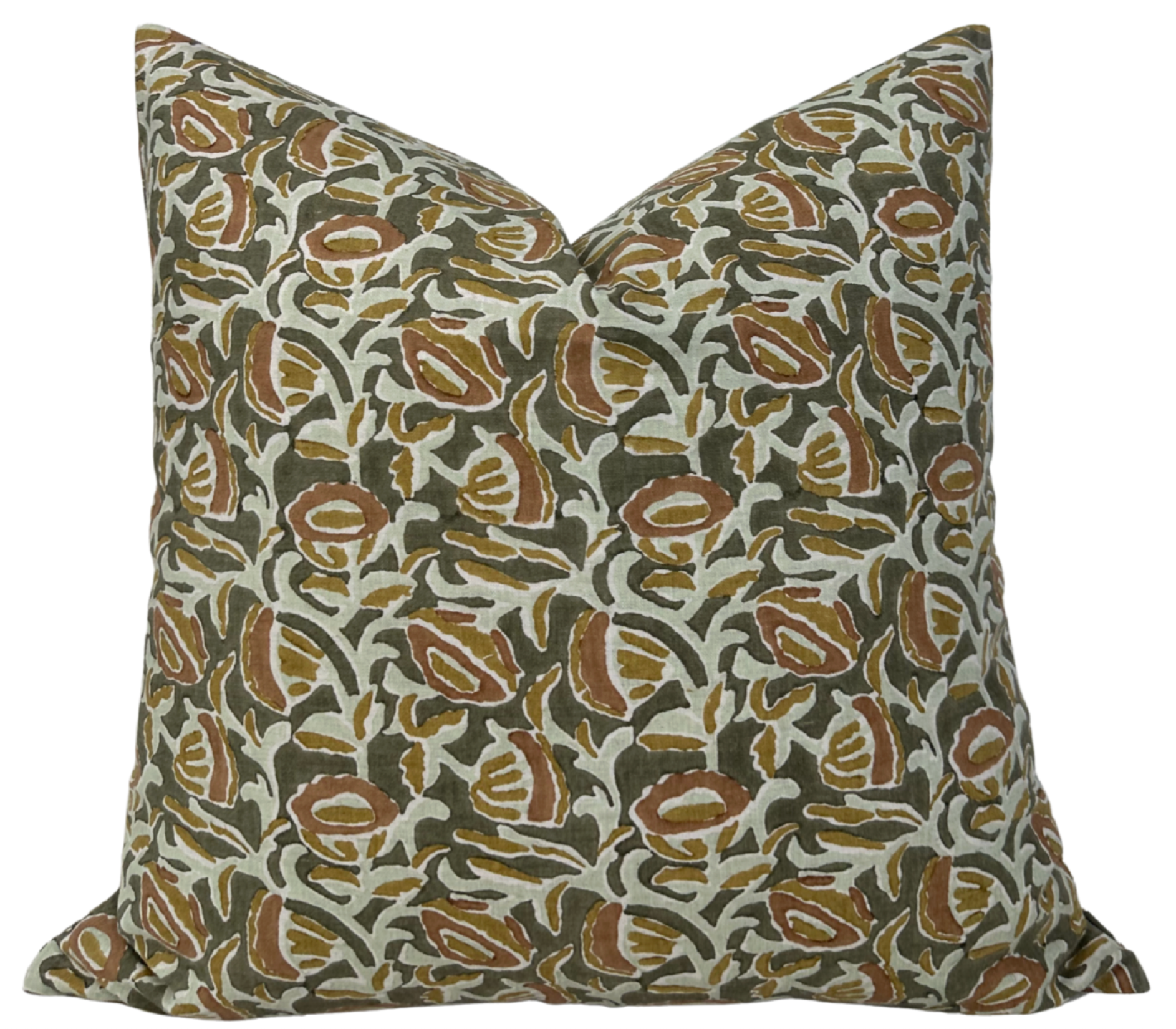 Marbella pillow cover in green with printed fabric front and ivory linen back